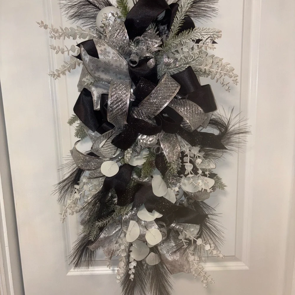 Elegant Black and Silver Holiday Door Swag - Picture 4 of 6
